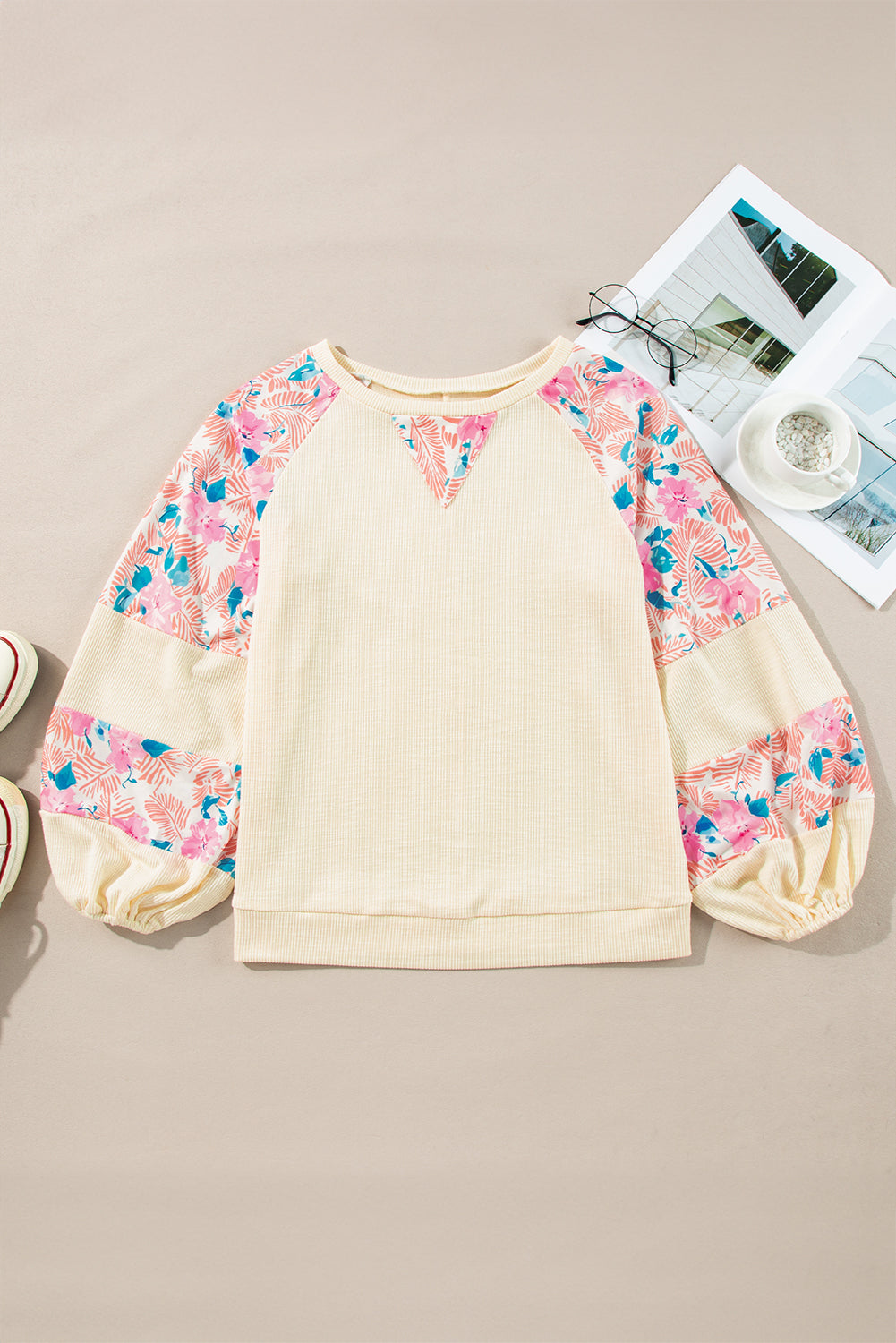 Floral Colorblock Balloon Sleeve Blouse