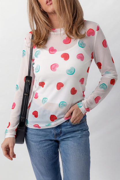 Valentine Heart Candy Mesh Long Sleeve Top
