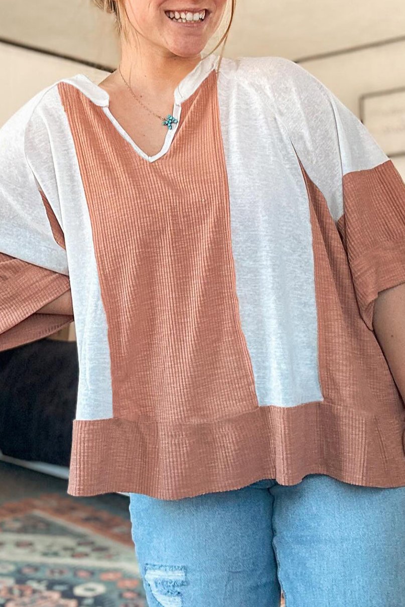 Textured Colorblock 3/4 Sleeve Top