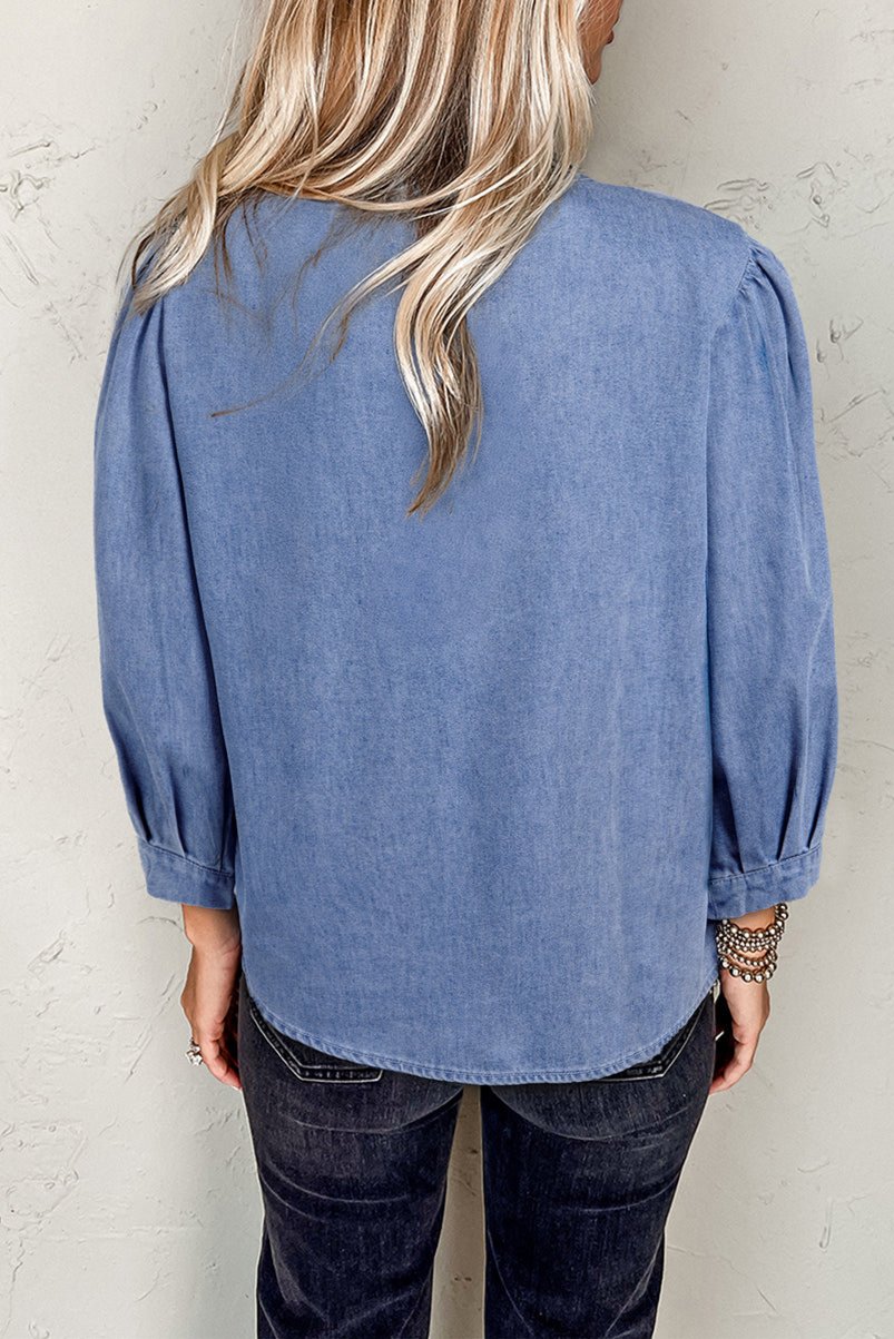 Bow Denim Puff Sleeve Top