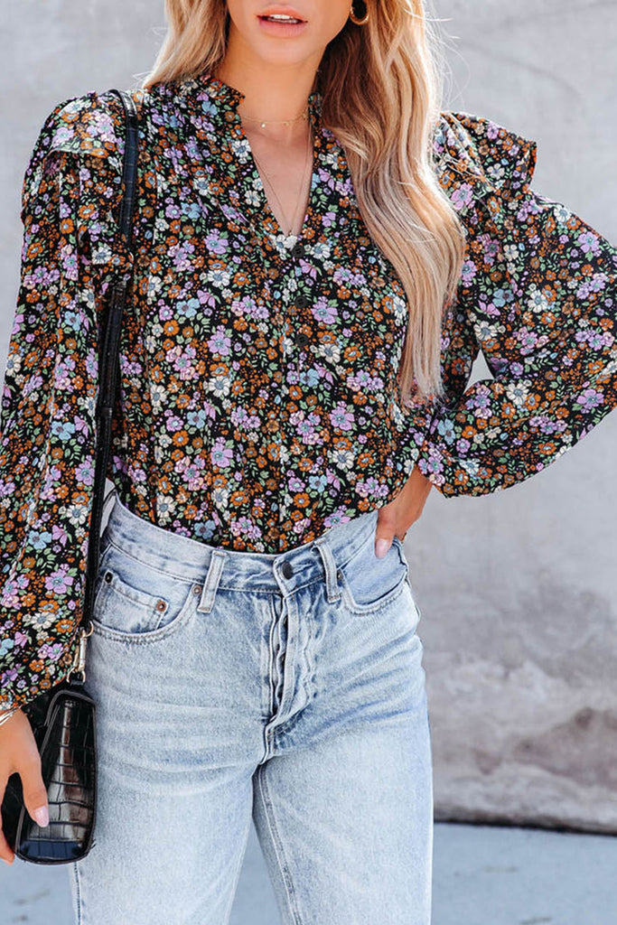 Floral Ruffled Bubble Sleeve Blouse