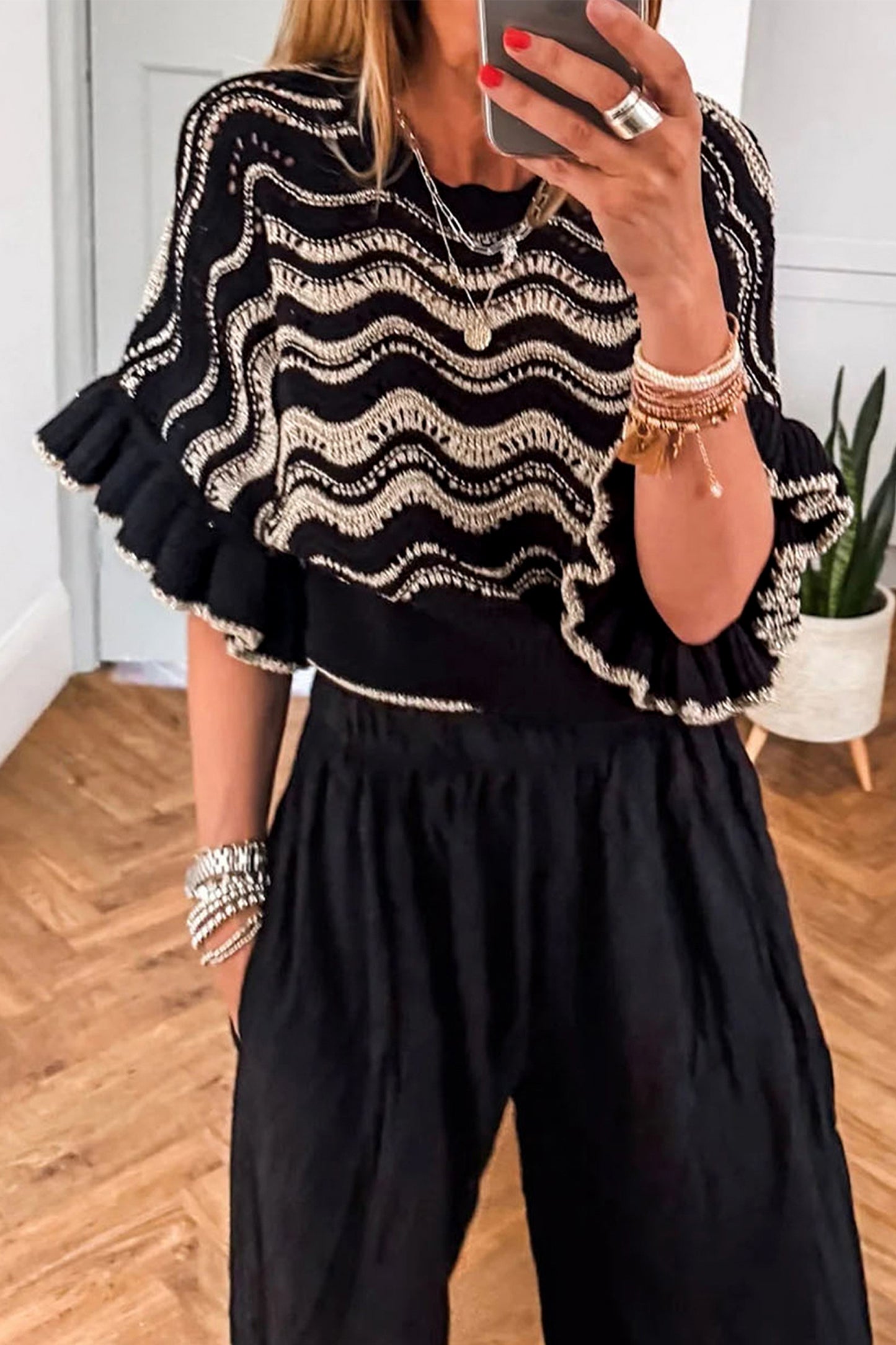 Wavy Stripe Ruffle 3/4 Sleeve Crochet Sweater