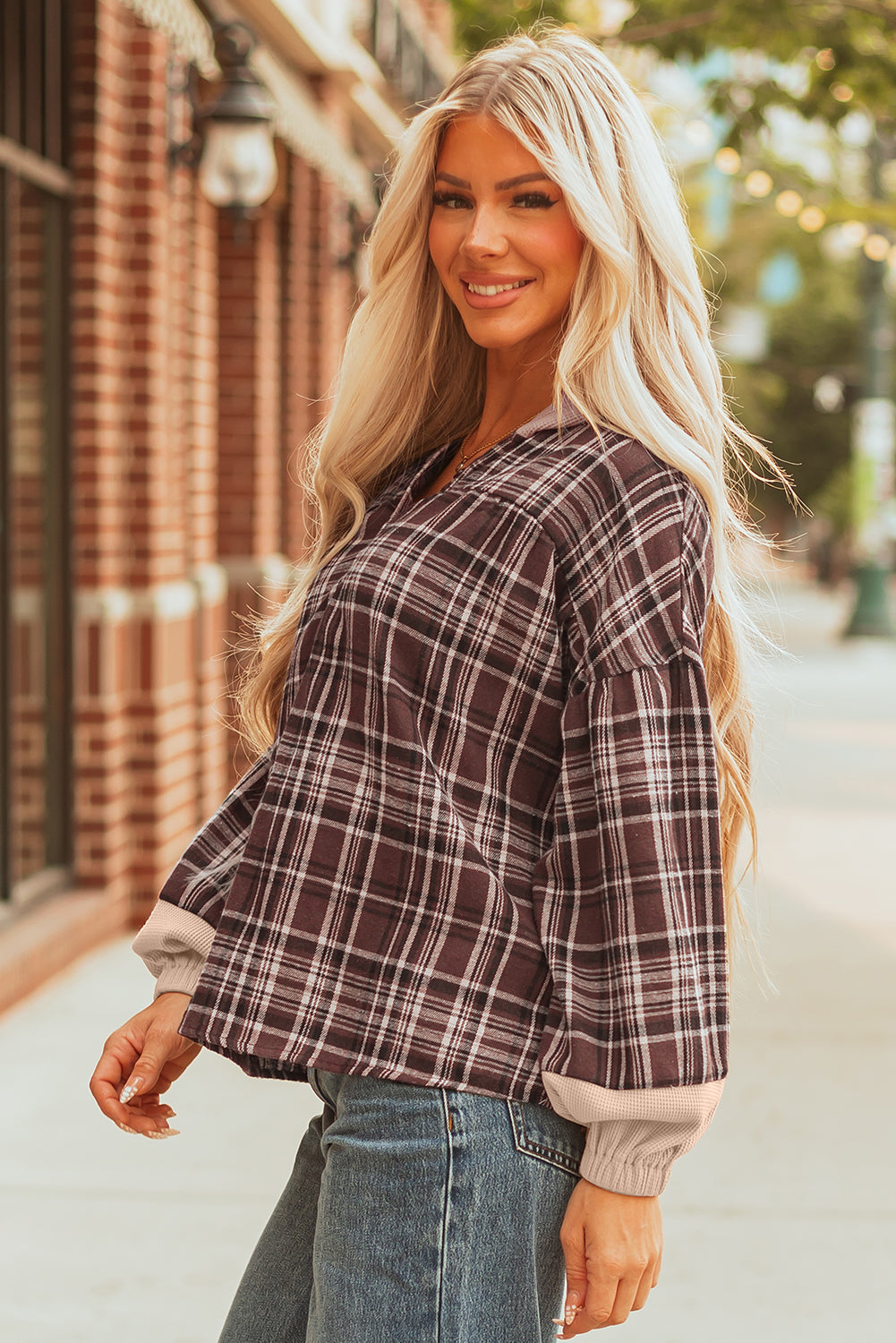 Plaid Quarter-Button Patchwork Long Sleeve Hooded Blouse