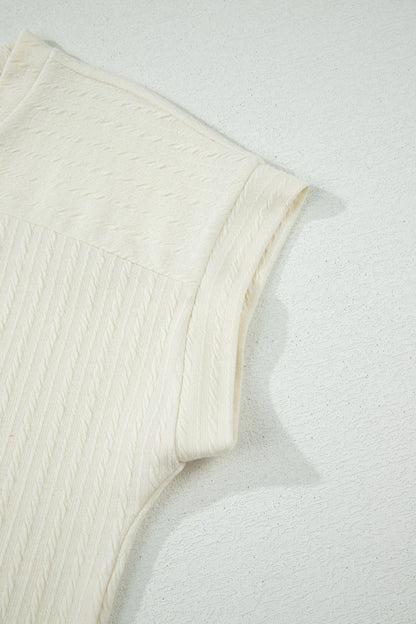 Cable Knit Textured V-Neck Short Sleeve T-Shirt