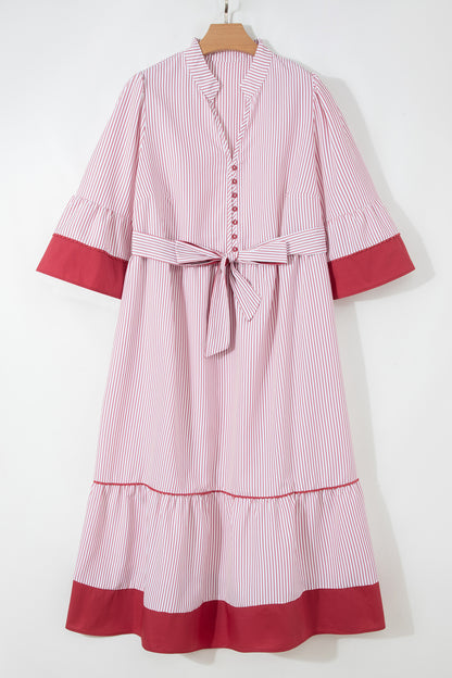 Plus Size Pinstripe Ruffle Hem Midi Dress