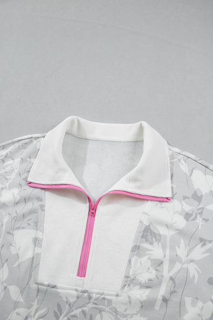 Floral Quarter Zip Collar Drop Shoulder Sweatshirt