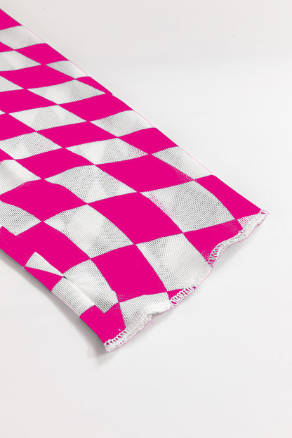 Checker Mesh Mock Neck Long Sleeve Top