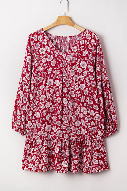 Plus Size Floral Balloon Sleeve V-Neck Mini Dress
