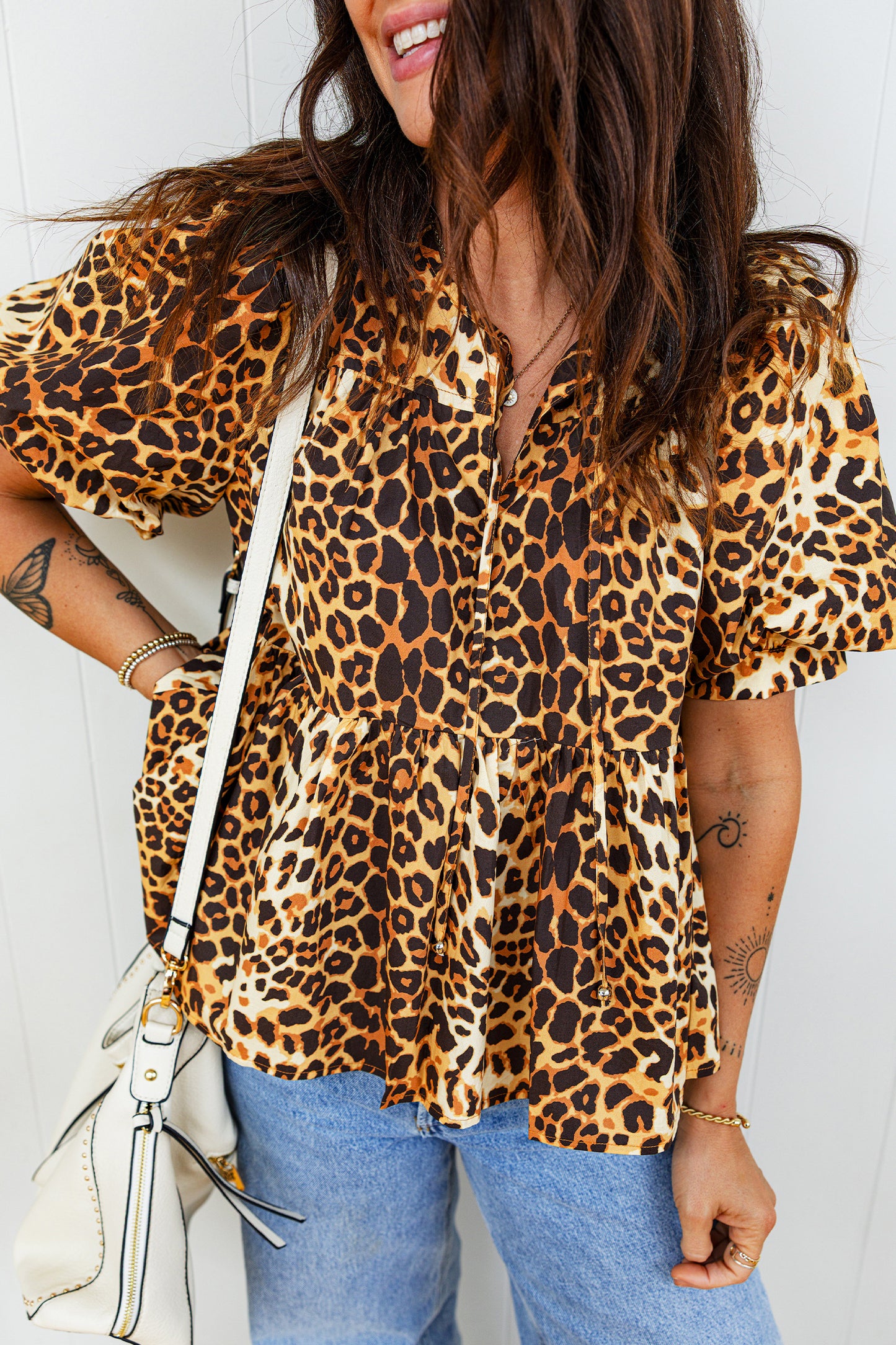 Leopard Short Puff Sleeve Babydoll Top