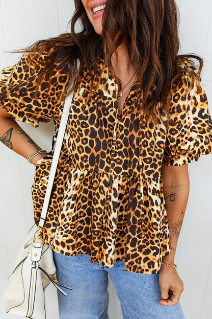 Leopard Short Puff Sleeve Babydoll Top