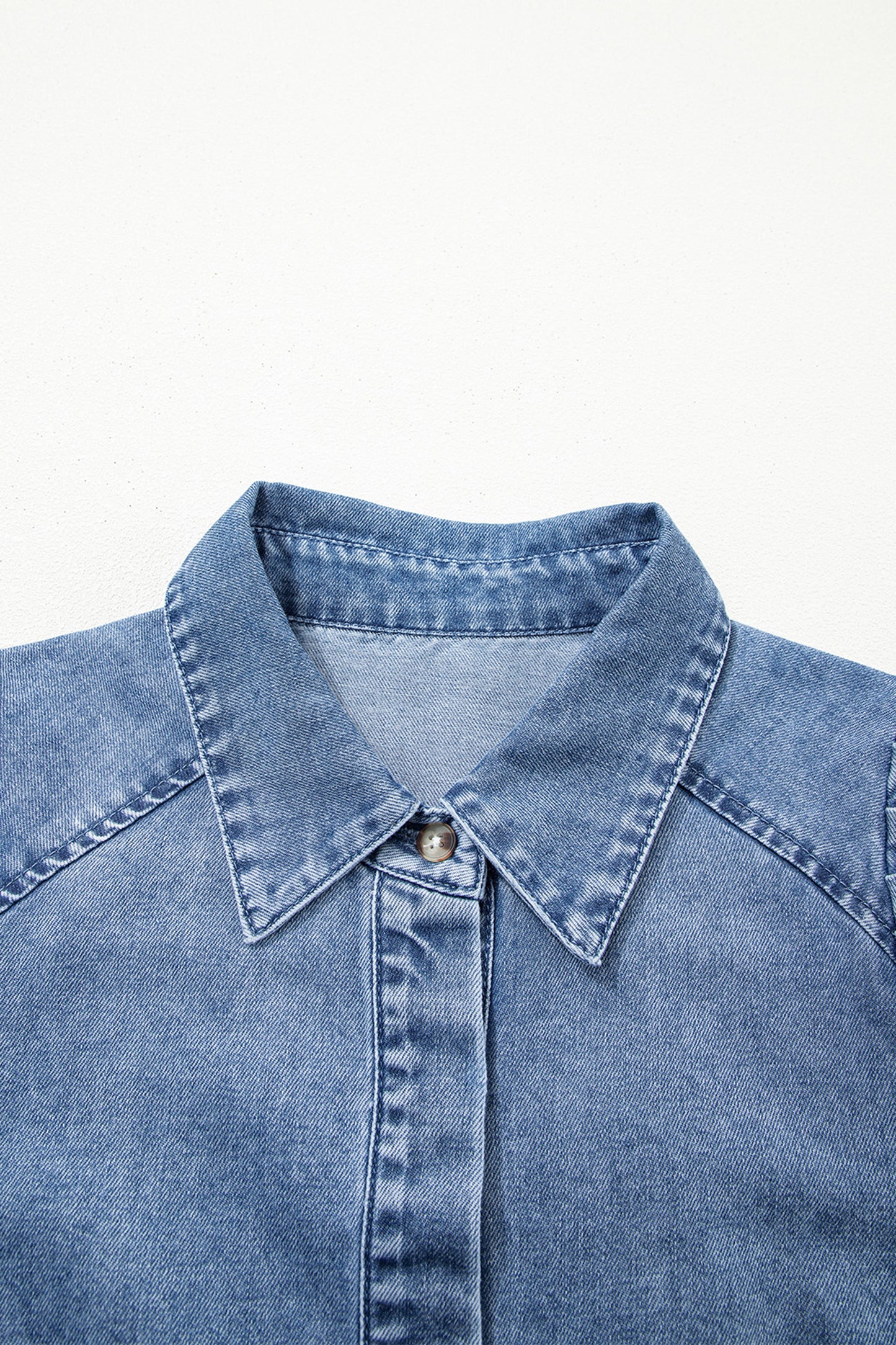 Solid Denim 3/4 Puff Sleeve Collared Shirt