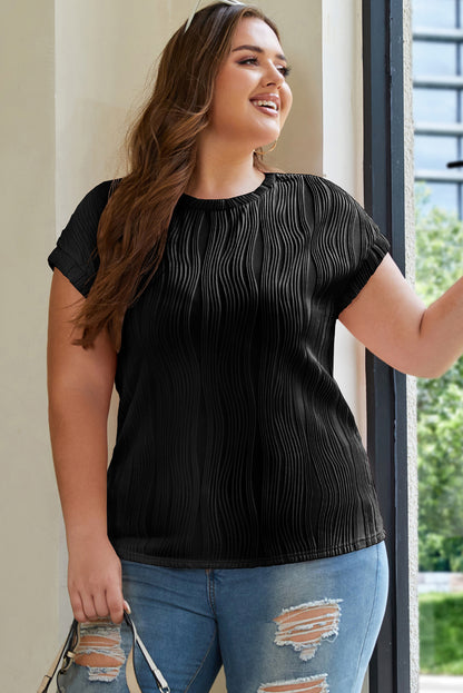 Plus Size Solid Wavy Textured Short Sleeve Tee