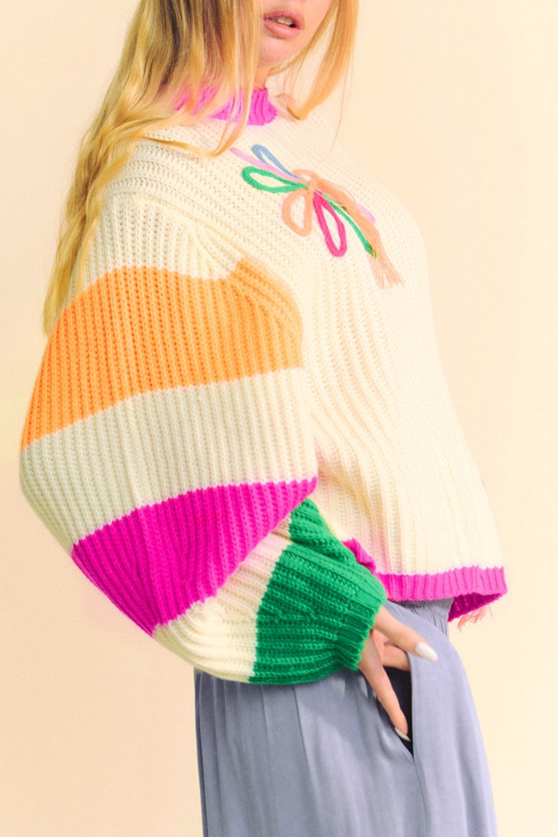 Colorblock Floral Cable Knit Sweater