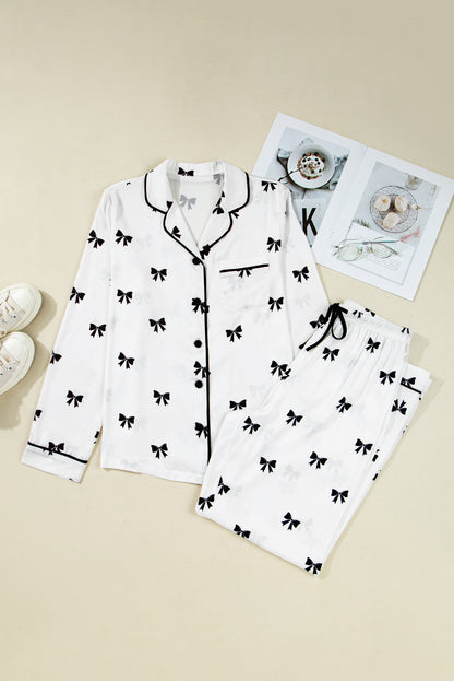Bow Tie Long Sleeve Top and Pants Pajama Set