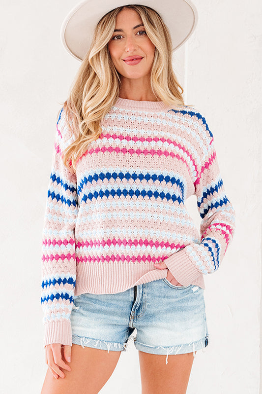 Stripe Eyelet Knit Drop Shoulder Sweater