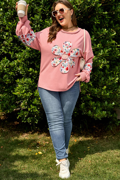 Plus Size Floral Applique Drop Shoulder Sweatshirt