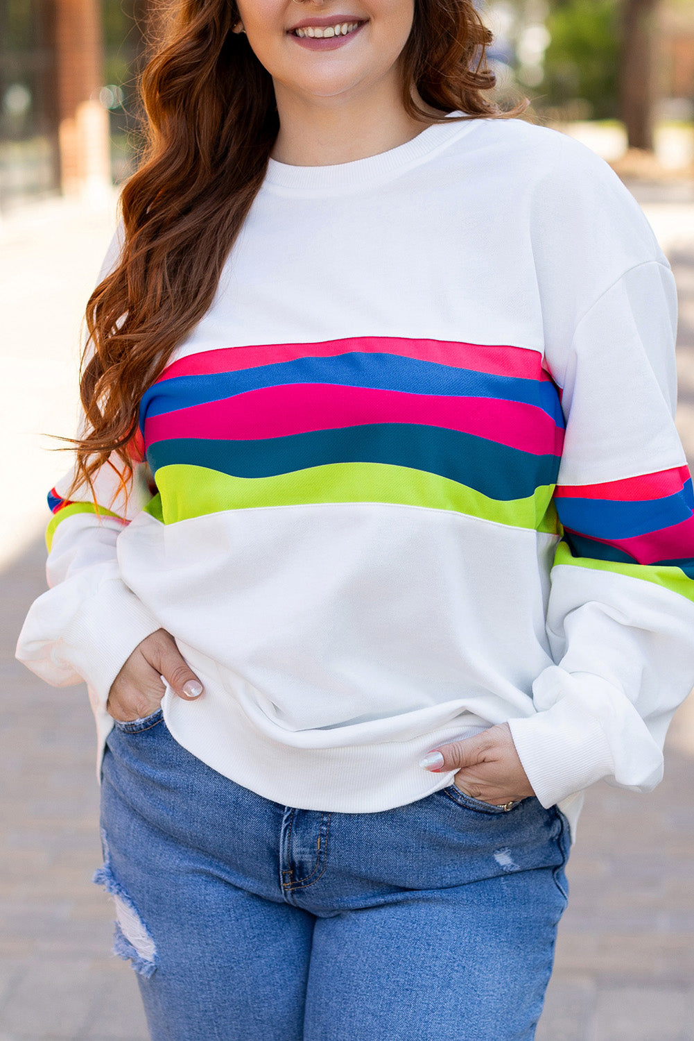Plus Size Stripe Colorblock Drop Shoulder Sweatshirt