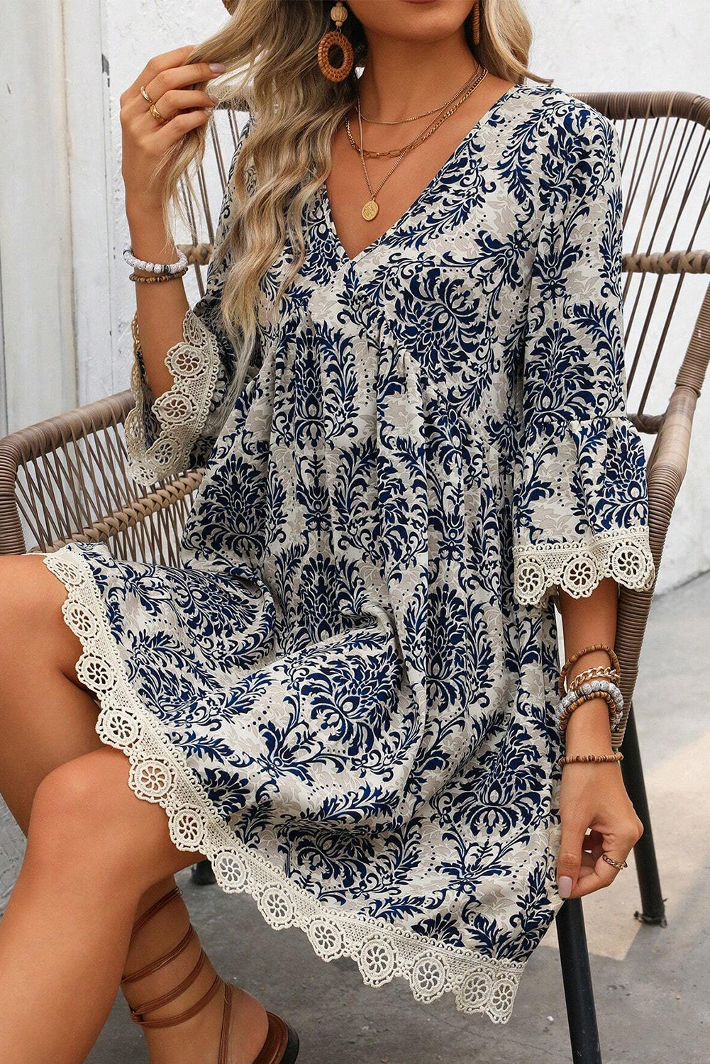 Boho Lace Trim 3/4 Sleeve Dress