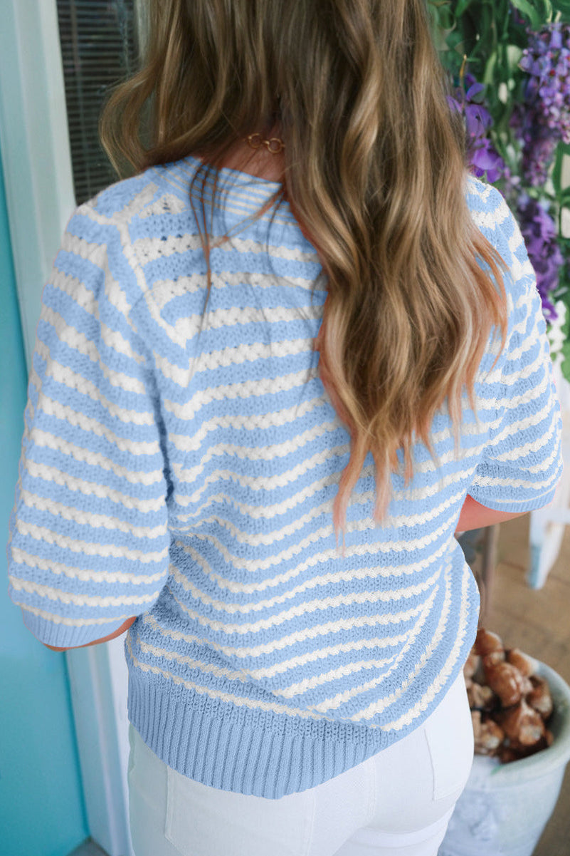 Stripe Bow Tie V-Neck Short Sleeve Sweater