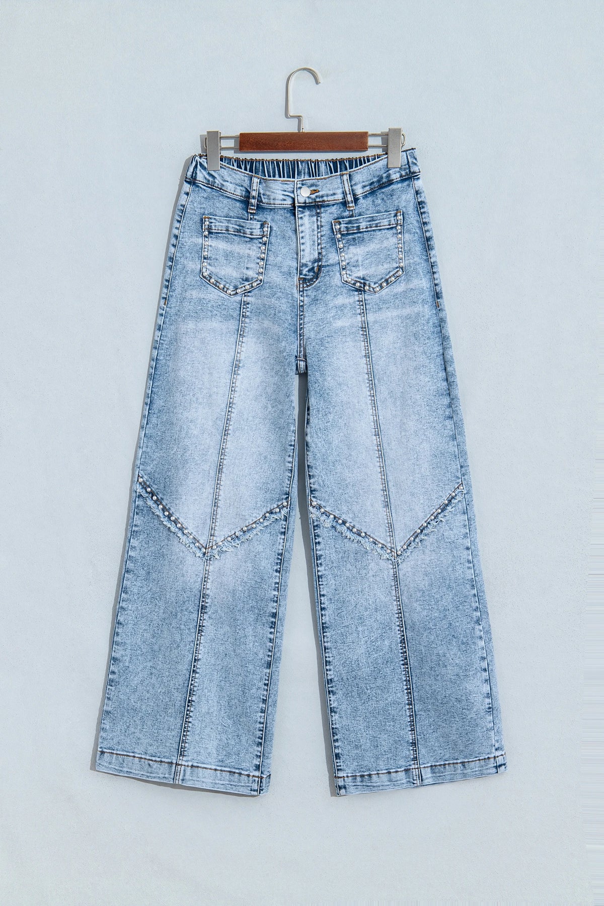Studded Pocket Frayed Denim Wide Leg Jeans
