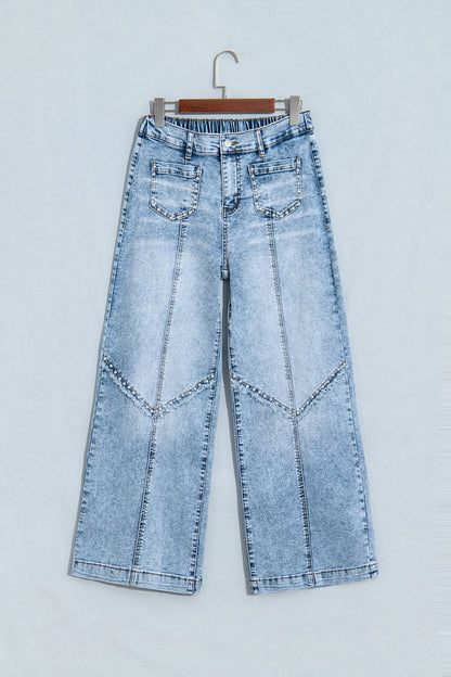 Studded Pocket Frayed Denim Wide Leg Jeans