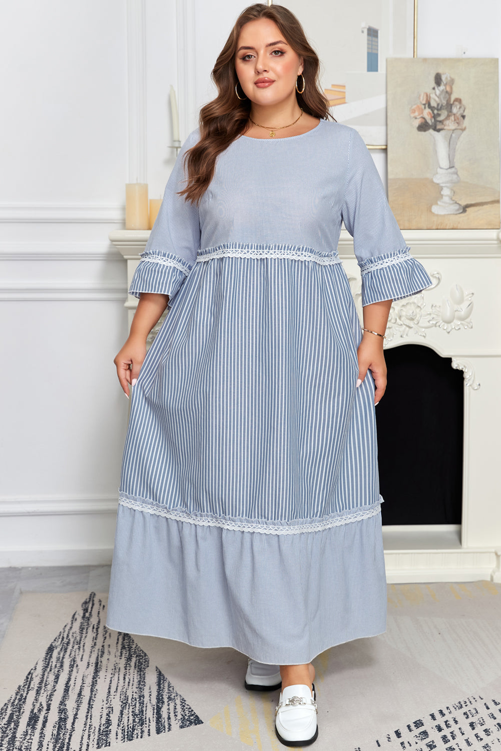 Plus Size Stripe Patchwork Lace Trim 3/4 Sleeve Maxi Dress