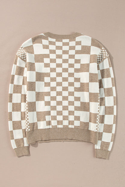 Checker Round Neck Drop Shoulder Sweater