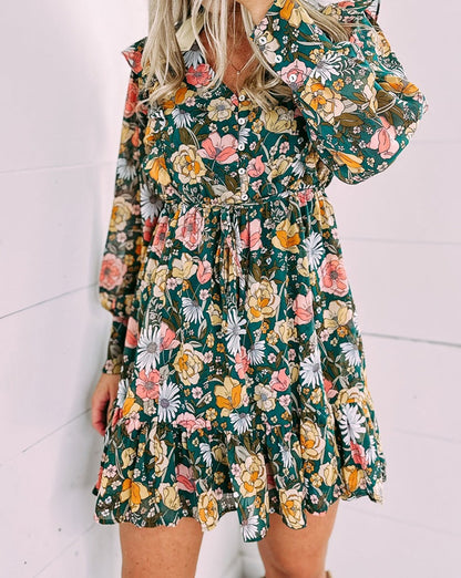 Floral Ruffle Buttoned Bodice Dress