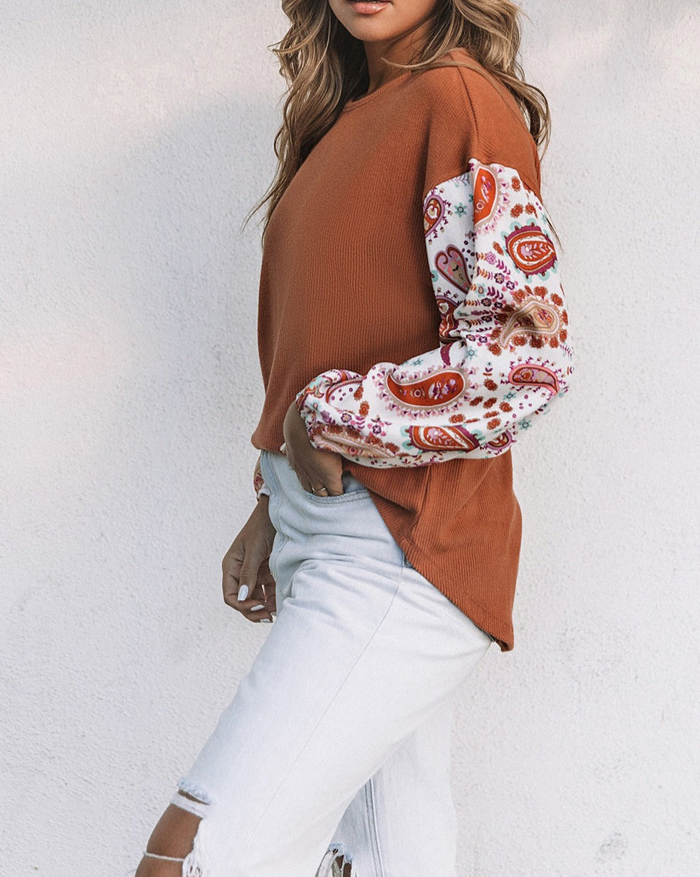 Paisley Bubble Sleeve Ribbed Top