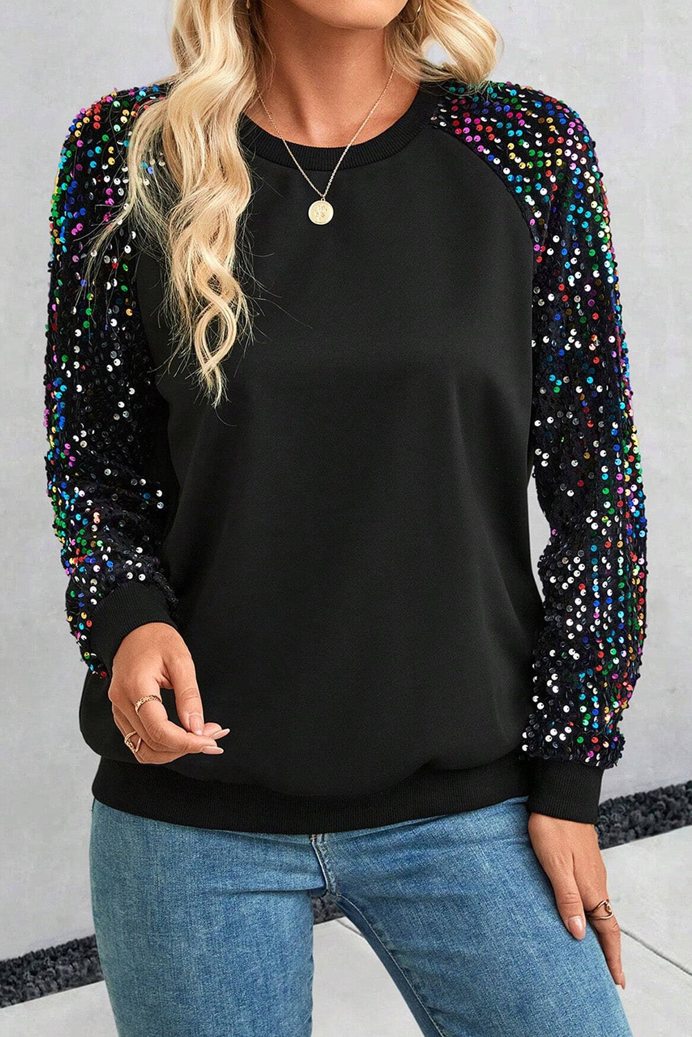 Sequin Raglan Sleeve Crewneck Sweatshirt