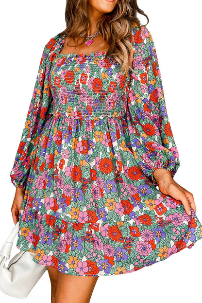 Floral Smocked Square Neck Dress