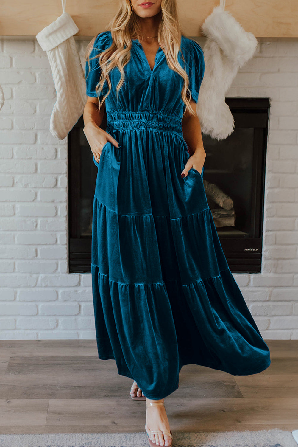 Velvet Shirred Waist Maxi Dress