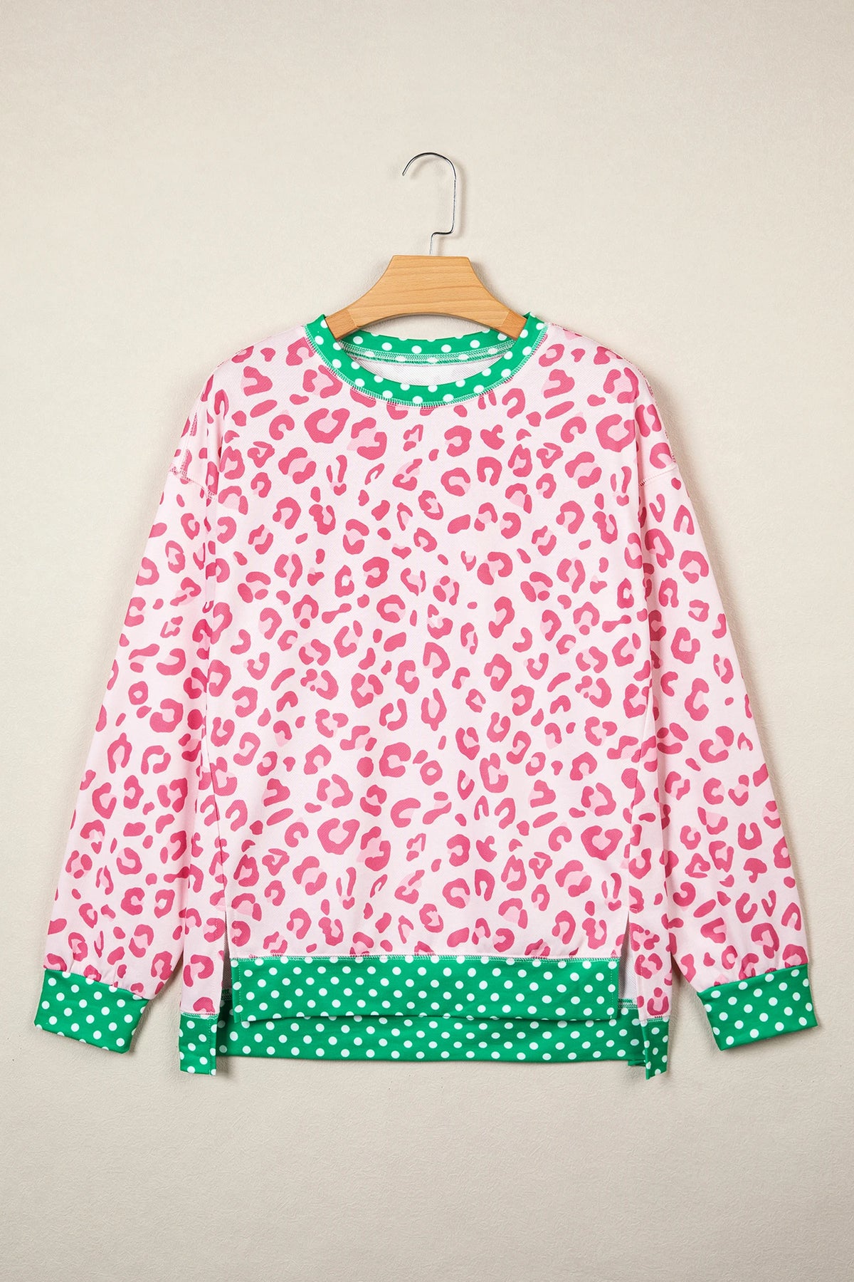 Leopard Polka Dot Colorblock Trim Long Sleeve Top