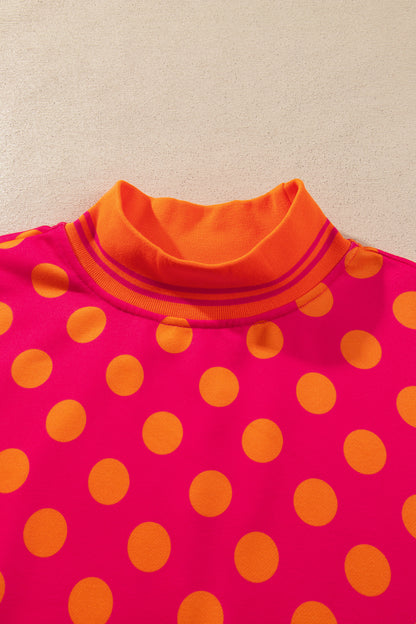 Polka Dot Stripe Trim Mock Neck Sweatshirt