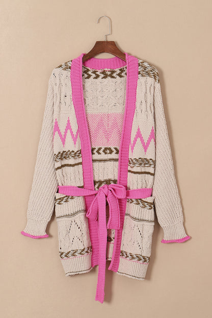 Gray Geometric Cable Knit Pocketed Open Front Cardigan