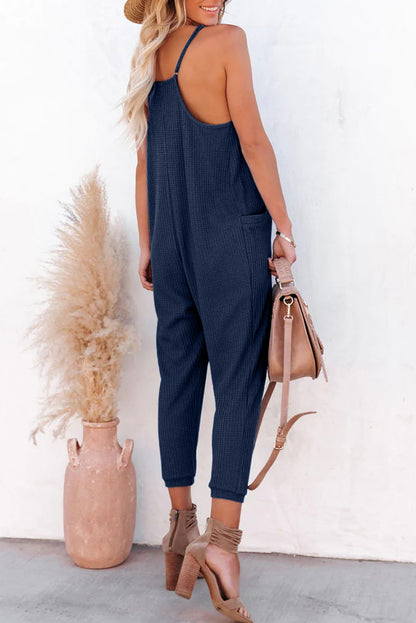 Waffle Sleeveless V-Neck Pocketed Jumpsuit