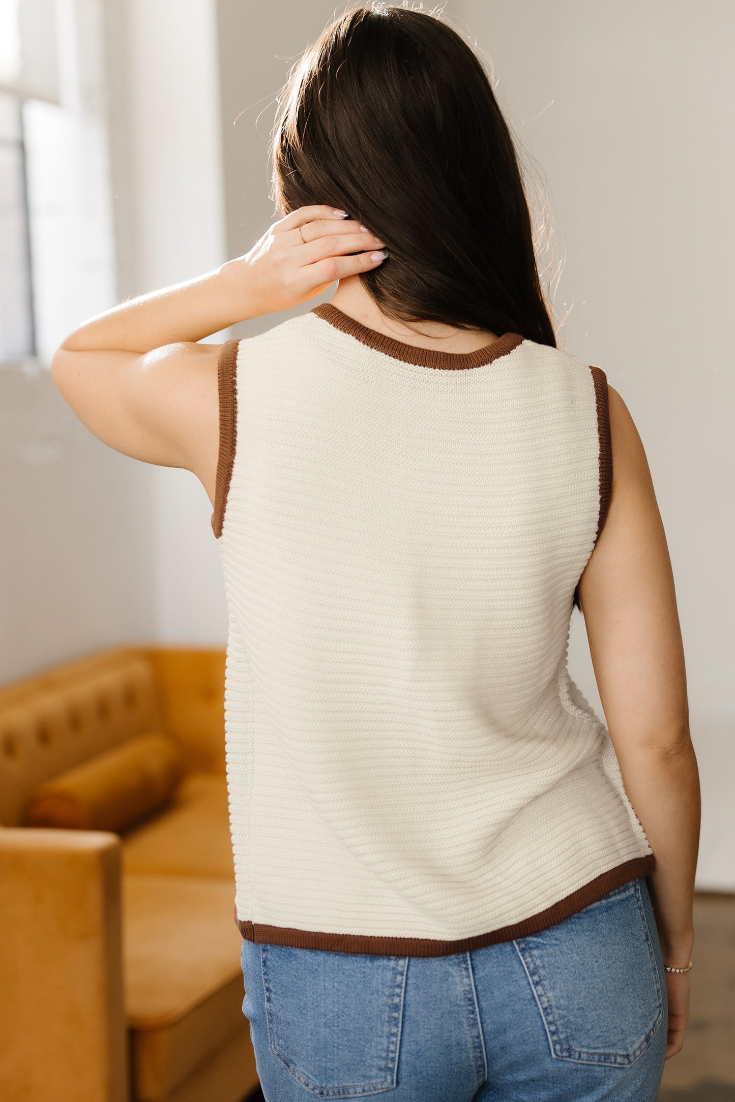 Contrast Trim Tie Front Ribbed Knit Sweater Vest