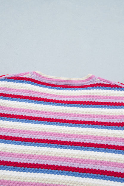 Stripe Textured Knit Short Sleeve Sweater