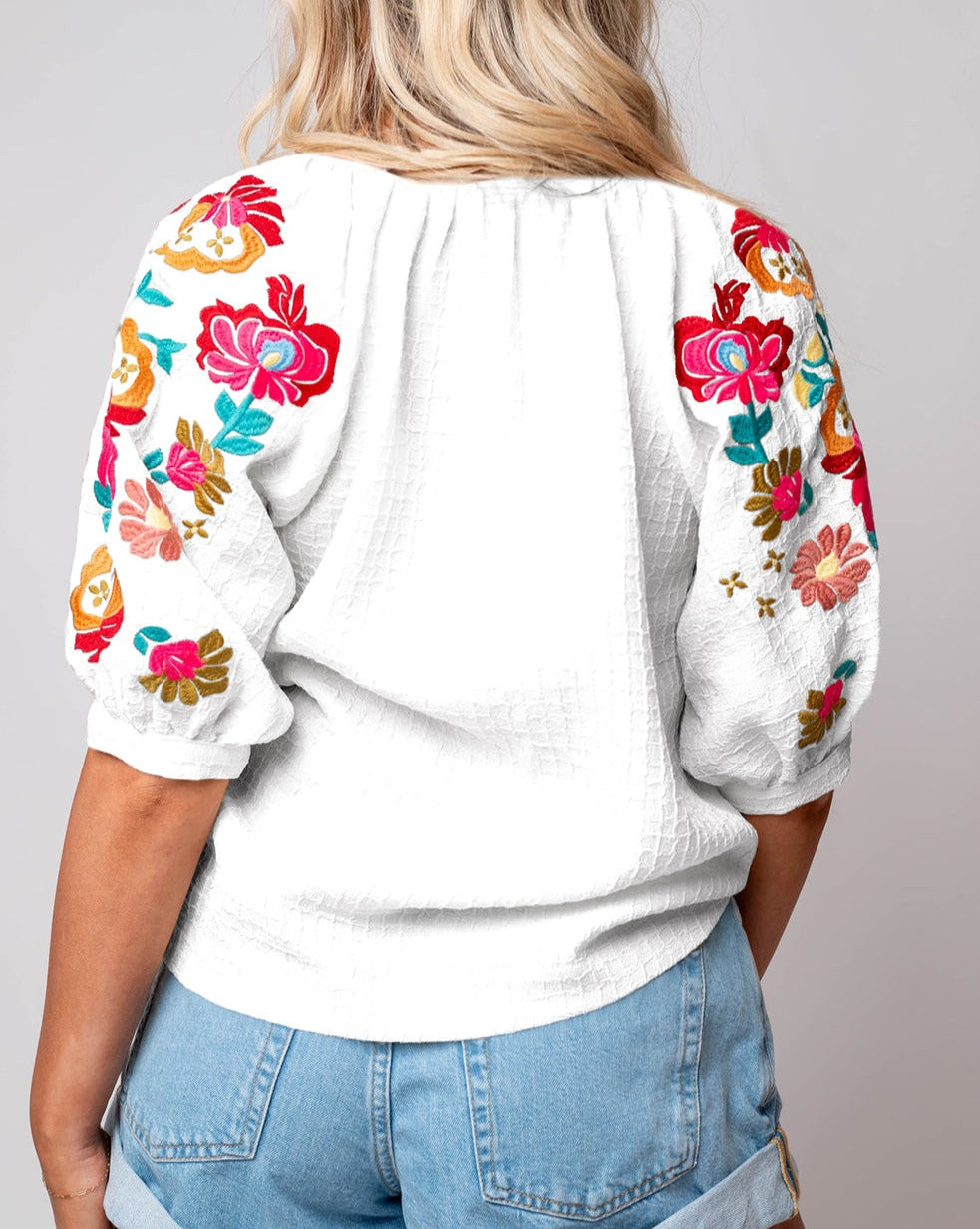 Floral Embroidered Puff Sleeve Blouse