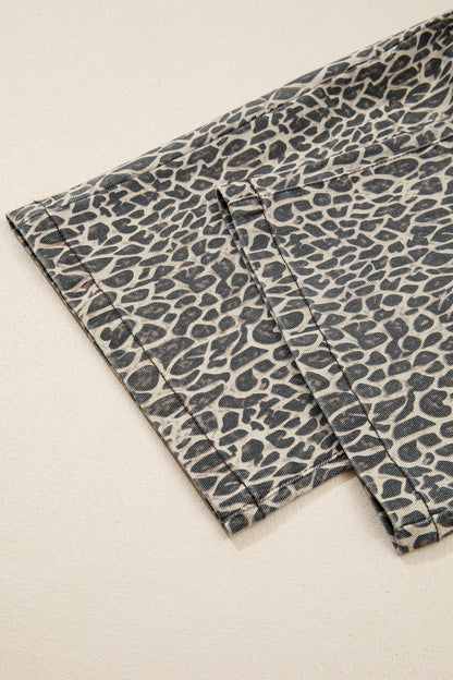 Leopard Denim Straight Leg Overall Jumpsuit