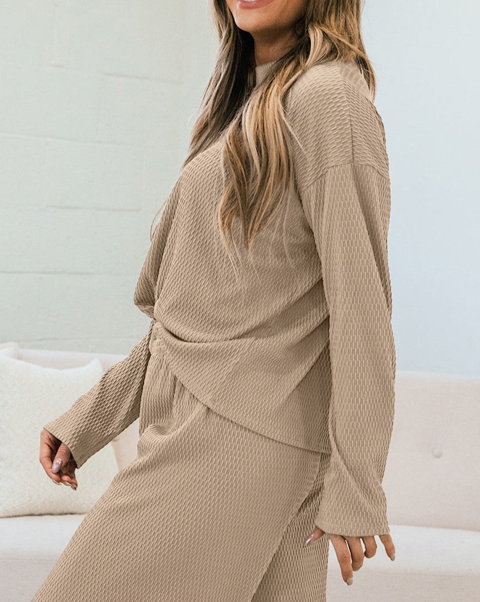 Textured Pullover and Pants Outfit Set