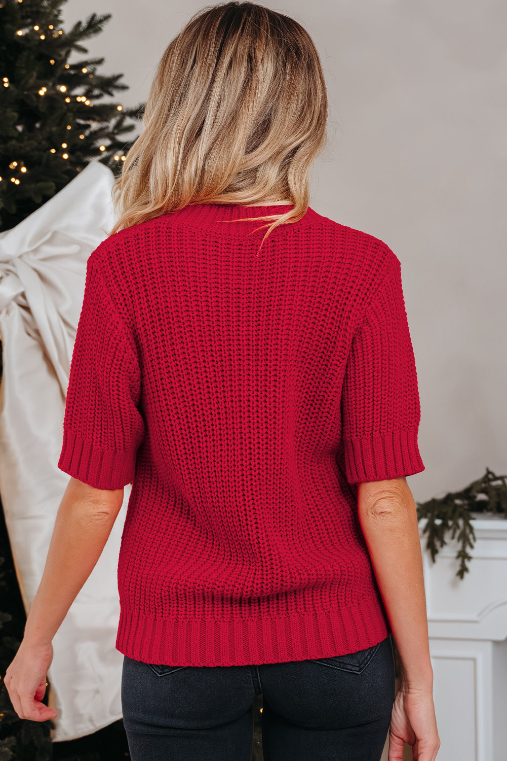 Christmas Plaid Lace-Up Puff Sleeve Sweater