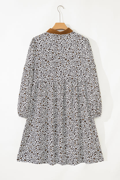 Plus Size Leopard Half-Button Collared Puff Sleeve Dress
