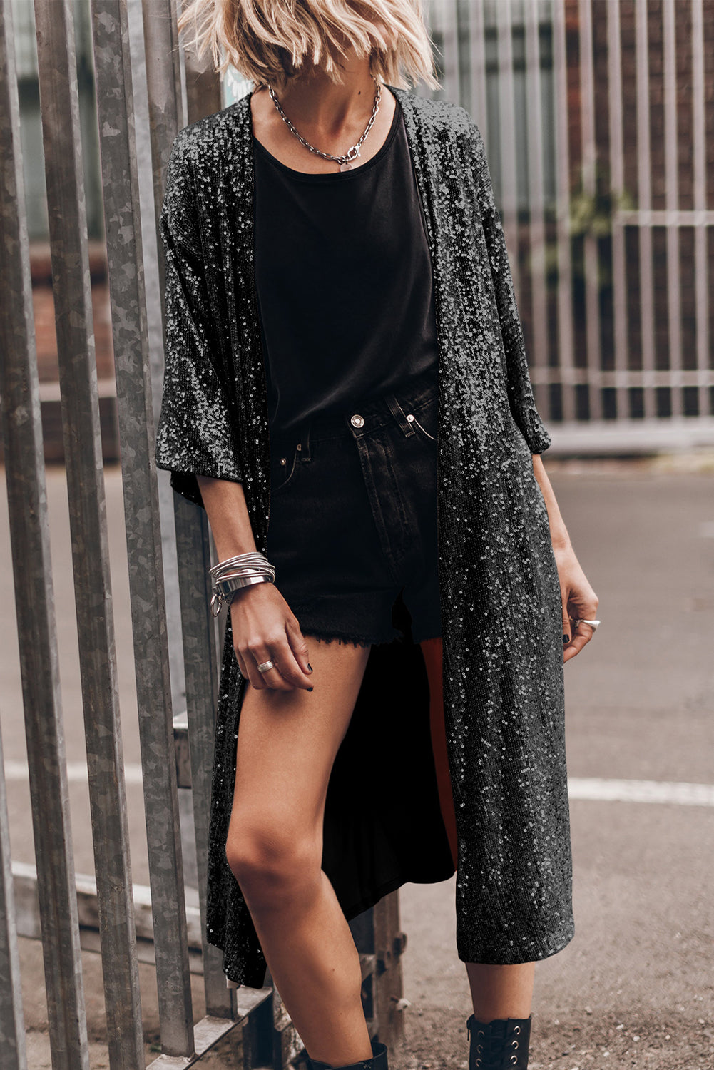 Sequin 3/4 Sleeve Duster Kimono