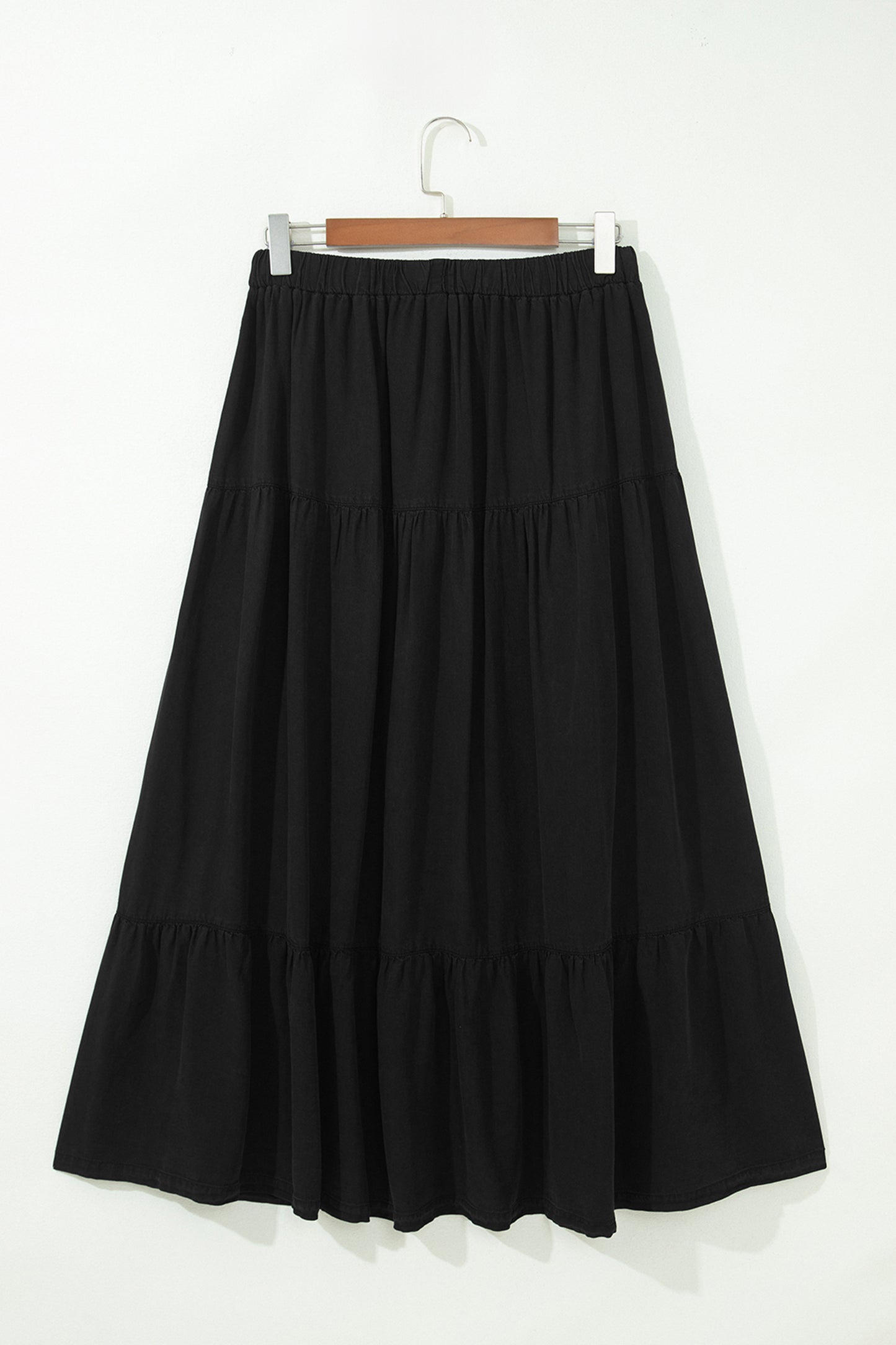 Denim Ruffle Tiered Flared Maxi Skirt