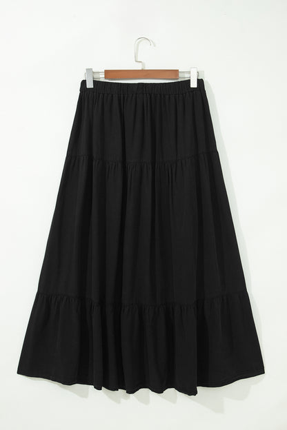 Denim Ruffle Tiered Flared Maxi Skirt