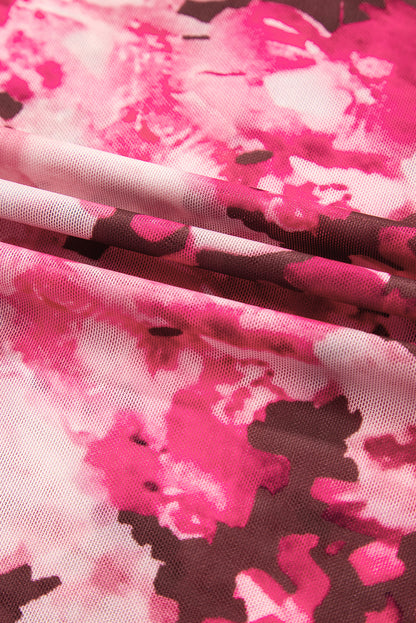 Floral Mesh Flounce Sleeve Mock Neck Blouse