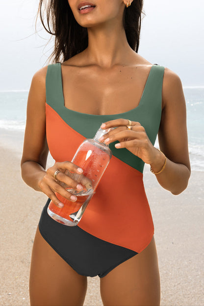 Colorblock Square Neck One Piece Swimsuit