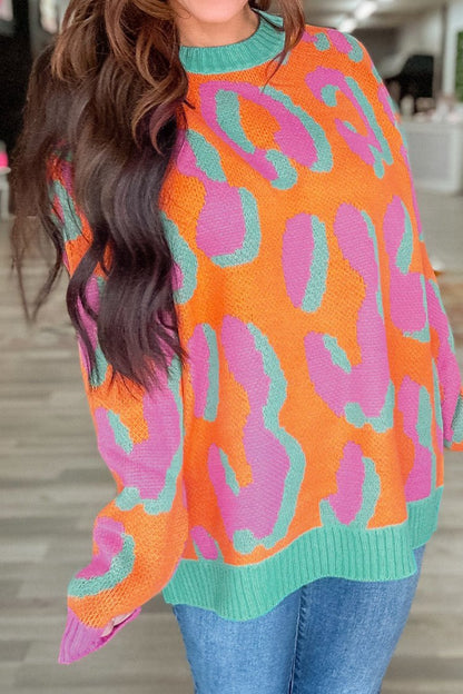 Leopard Colorblock Ribbed Trim Sweater