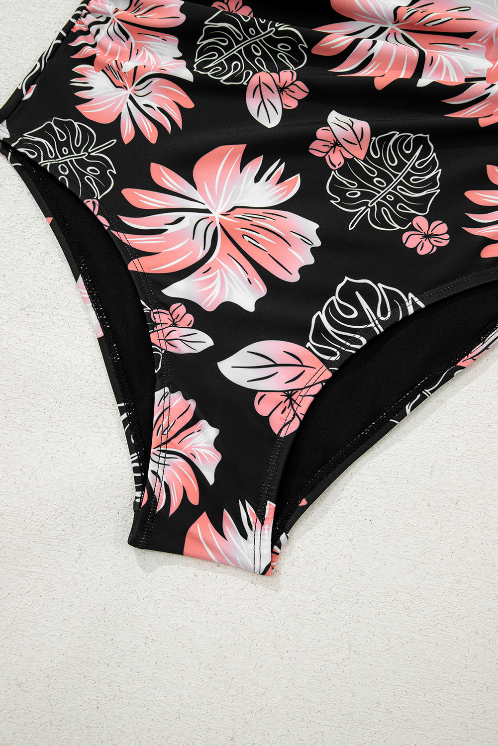 Floral Solid Square Neck Ruched One-Piece Swimsuit